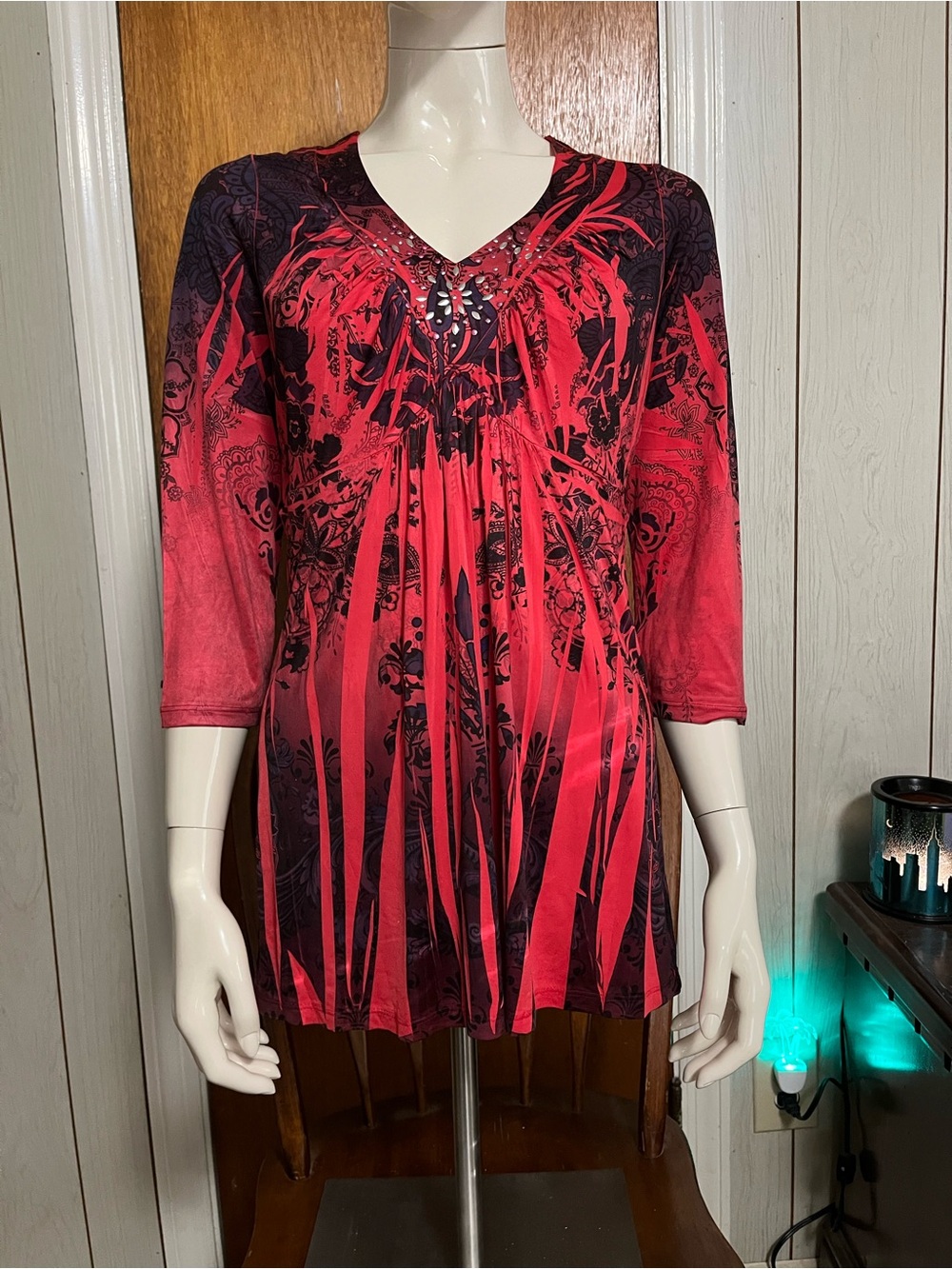 V-Neck Red & Black Printed Tunic with Embellished Neckline